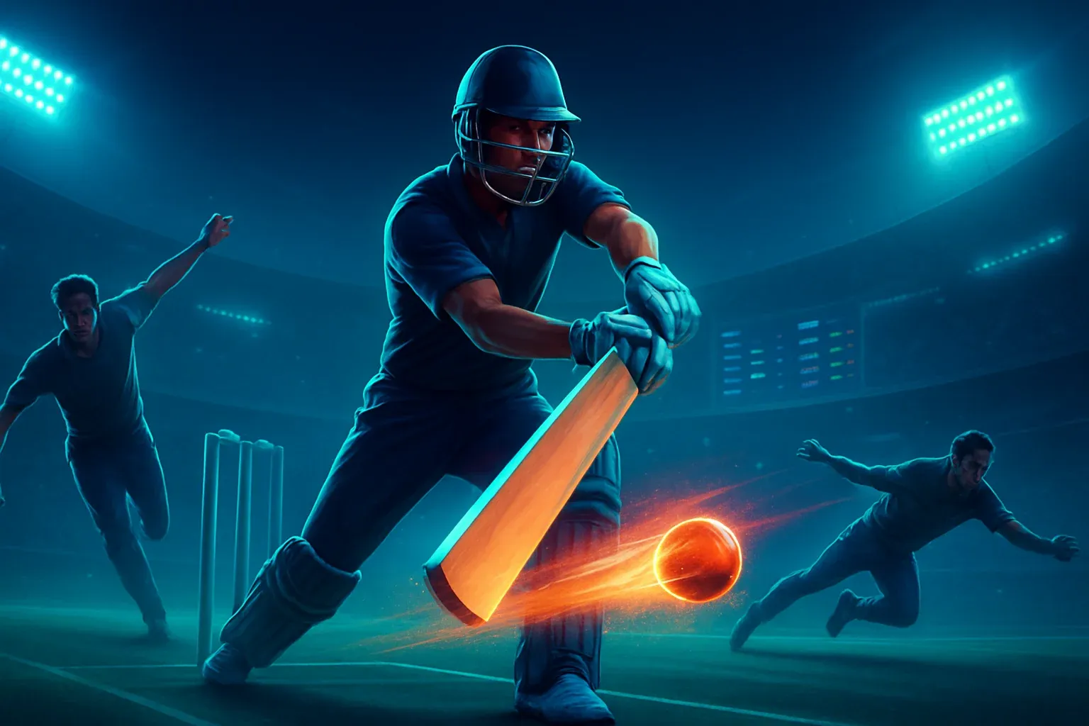 High-energy cricket action scene with batsman hitting glowing ball and bowler delivering in sportsbook banner