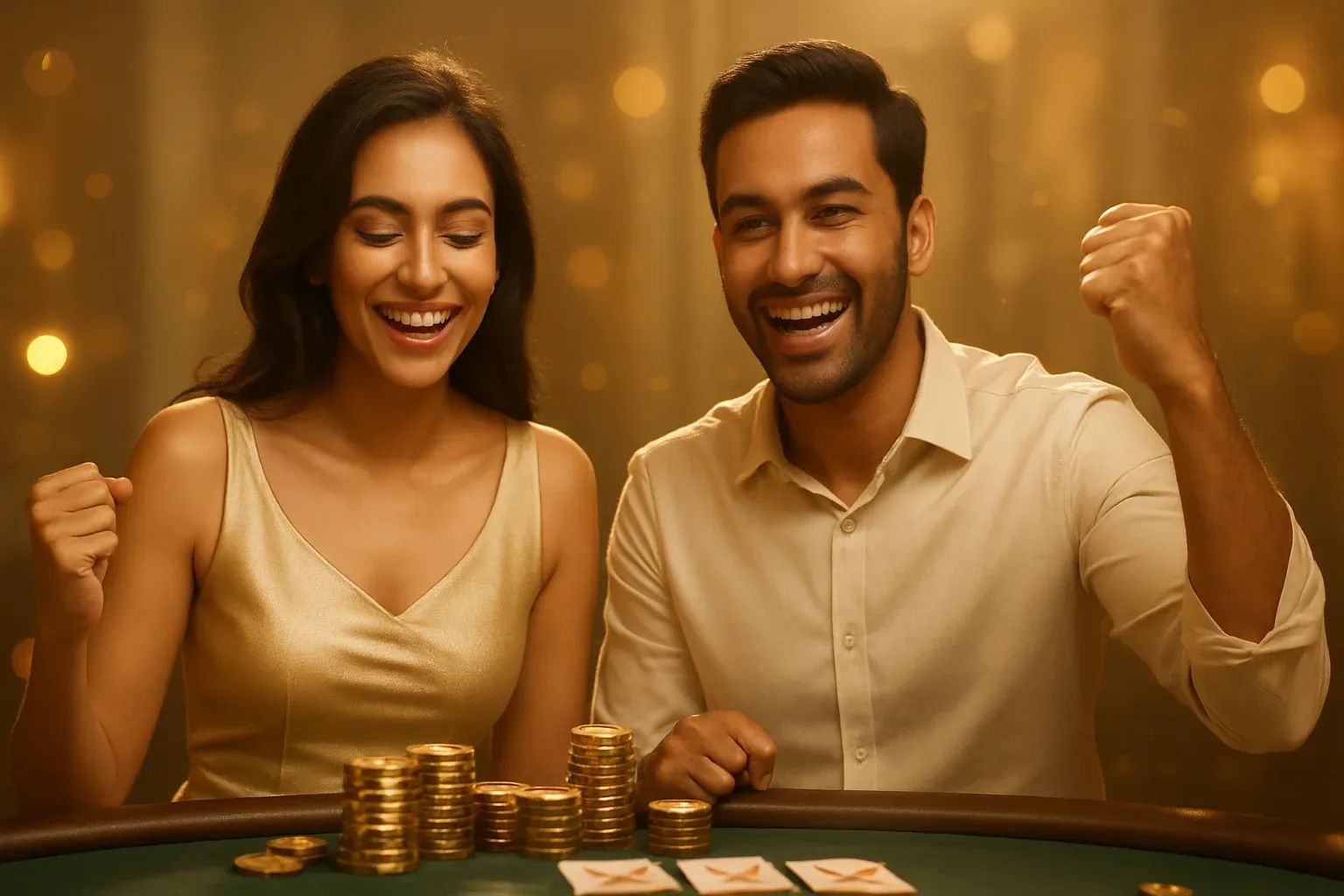 Attractive couple celebrating poker win at elegant gold casino table