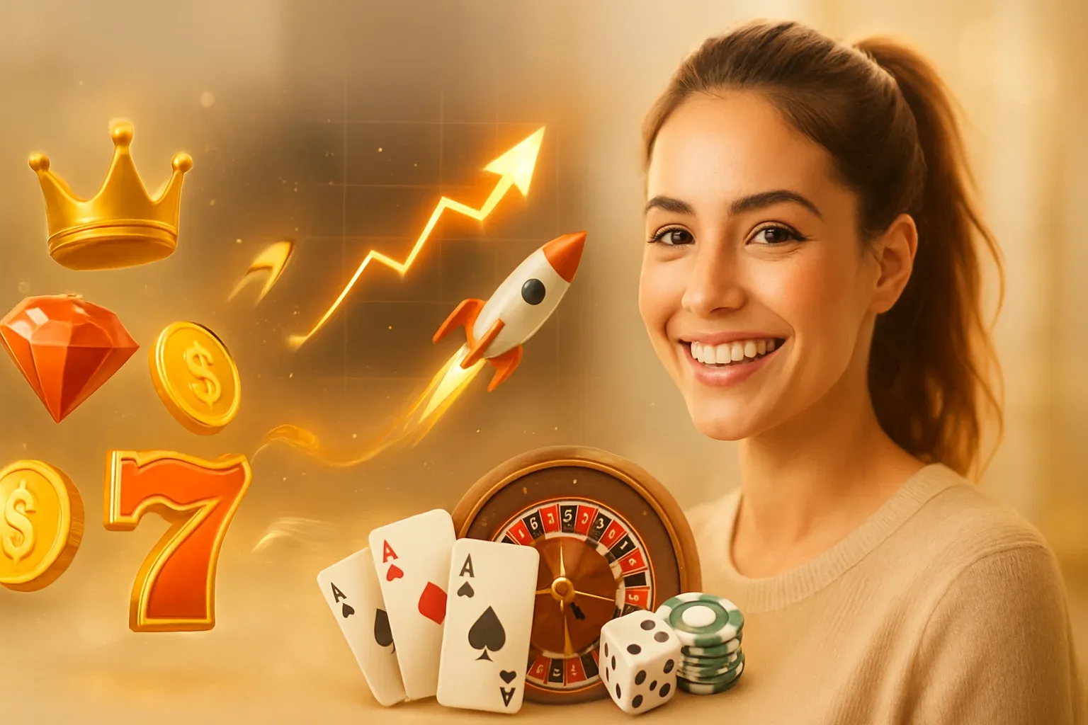 Hyper-realistic collage of slots, instant games, and casino games with golden glow and luxury style
