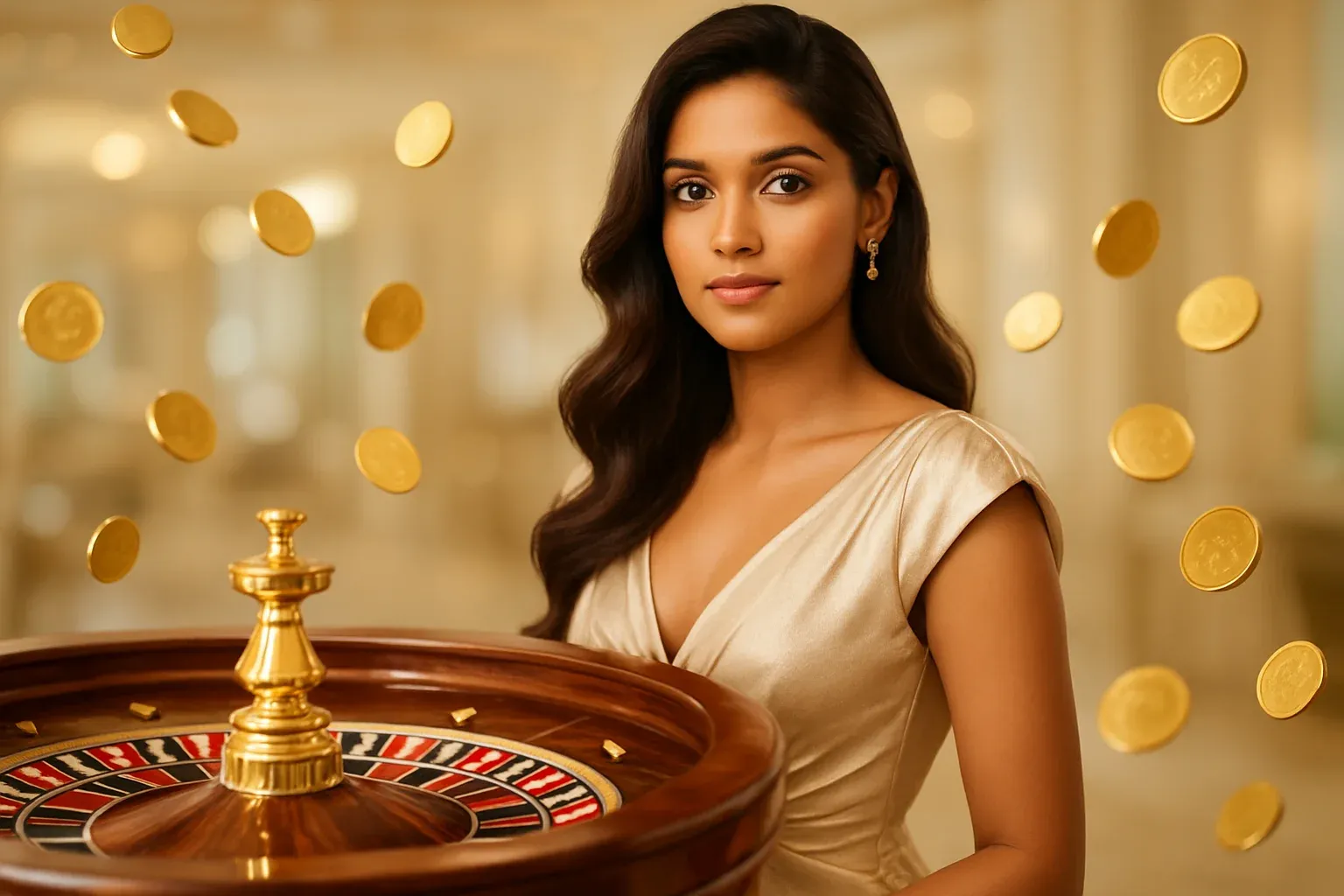 Beautiful Bangladeshi woman in elegant evening dress with luxury roulette and gold coins in bright casino setting