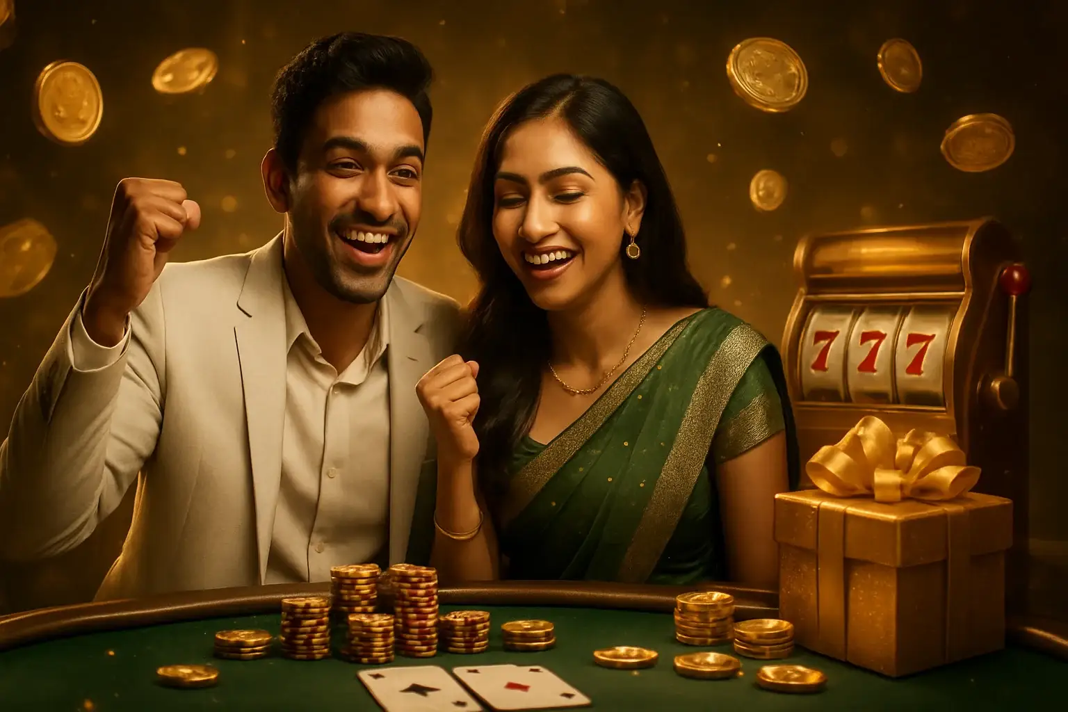 Happy South Asian couple celebrating at casino poker table with gold coins and chips
