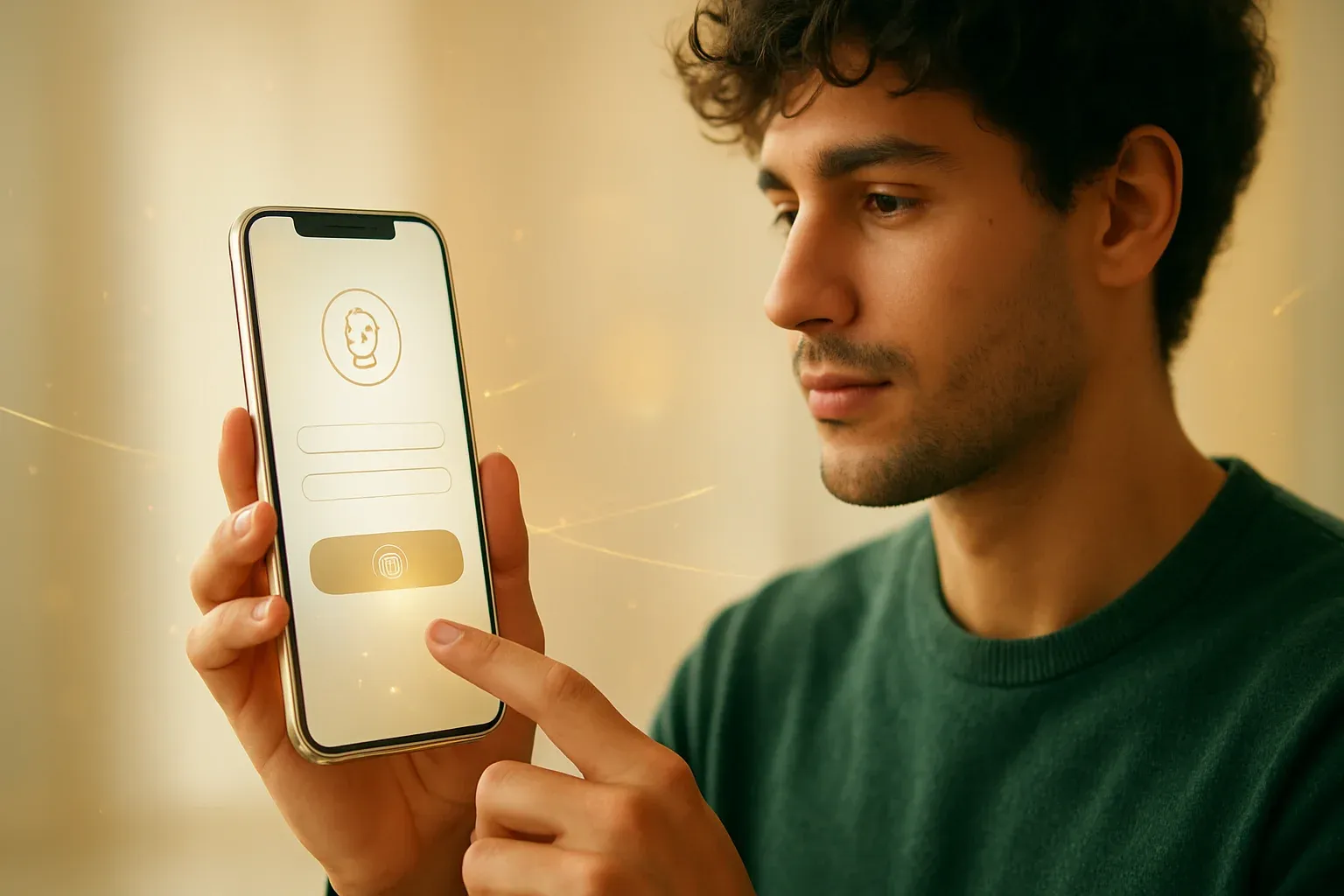 Ultra-realistic premium smartphone with bright login interface and golden luxury accents